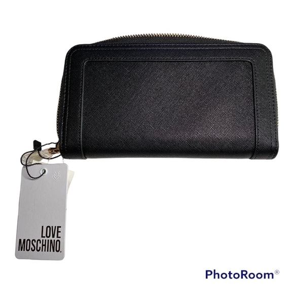 NWT LOVE MOSCHINO Black PU Wallet Zip Around Gold Stud Red & White Embroidery - Picture 2 of 4